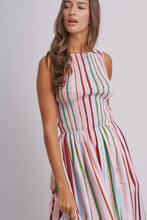 Load image into Gallery viewer, Candy Stripe Smocked Midi Dress With High Neckline: Multi / S-M-L