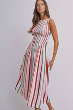 Load image into Gallery viewer, Candy Stripe Smocked Midi Dress With High Neckline: Multi / S-M-L