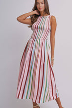 Load image into Gallery viewer, Candy Stripe Smocked Midi Dress With High Neckline: Multi / S-M-L