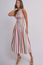 Load image into Gallery viewer, Candy Stripe Smocked Midi Dress With High Neckline: Multi / S-M-L