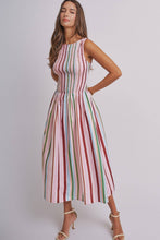 Load image into Gallery viewer, Candy Stripe Smocked Midi Dress With High Neckline: Multi / S-M-L
