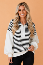 Load image into Gallery viewer, Stripe Colorblock Long Puff Sleeve Zip Collar Top