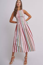 Load image into Gallery viewer, Candy Stripe Smocked Midi Dress With High Neckline: Multi / S-M-L