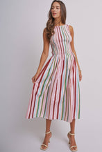 Load image into Gallery viewer, Candy Stripe Smocked Midi Dress With High Neckline: Multi / S-M-L