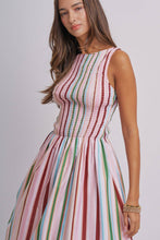 Load image into Gallery viewer, Candy Stripe Smocked Midi Dress With High Neckline: Multi / S-M-L

