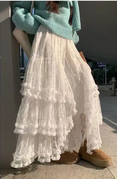 Miss Sparkling | Lace Ruffle Mesh Maxi Skirt