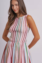 Load image into Gallery viewer, Candy Stripe Smocked Midi Dress With High Neckline: Multi / S-M-L
