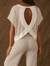 Load image into Gallery viewer, Wrapped Cutout Back Slouchy Tee Workout Set In Stripe: White / L
