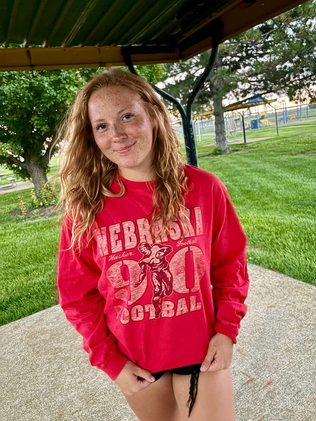 RED LONG SLEEVE 90s NEBRASKA 90s FOOTBALL TEE (Men’s Large