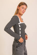 Load image into Gallery viewer, Sammie Asymmetrical Stripe Button Detail Top
