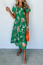 Load image into Gallery viewer, Luxury Floral Print Bubble Sleeve Smocked Tiered Midi Dress

