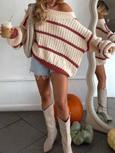 Load image into Gallery viewer, Contrast Color Block Striped Off Shoulder Sweater: White_R / M
