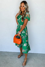 Load image into Gallery viewer, Luxury Floral Print Bubble Sleeve Smocked Tiered Midi Dress
