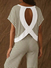 Load image into Gallery viewer, Wrapped Cutout Back Slouchy Tee Workout Set In Stripe: White / L
