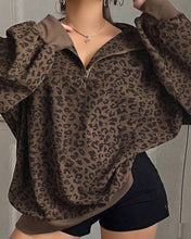 Load image into Gallery viewer, Retro Leopard Print Half Zip Loose Long Sleeve Sweatshirt
